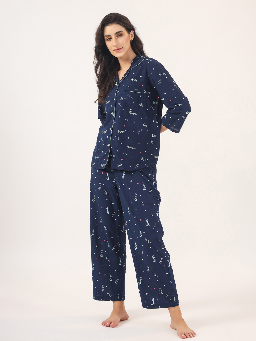 Blue Shirt Collar Alphanumeric Pure Cotton Night Suit For Women