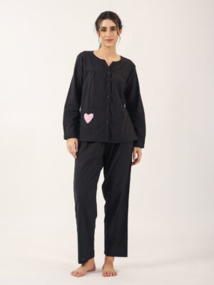 Black Mandarin Collar Solid Pure Cotton Night Suit For Women