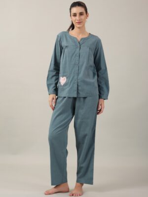 Teal Color Solid Cotton Night Suit for Women