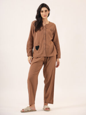 Brown Solid Cotton Round Neck Night Suit For Women