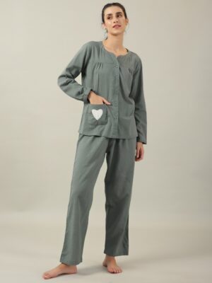 Grey Solid Cotton Night Suit For Women