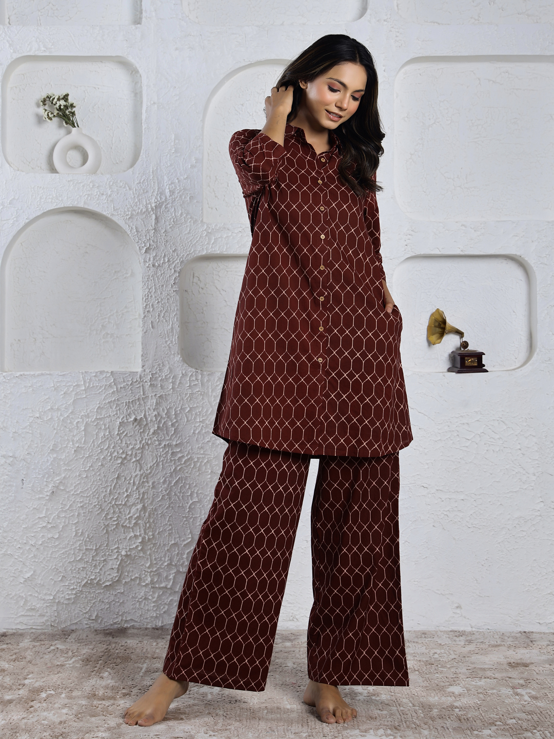 Maroon Shirt Collar Geometric Pure Cotton Night Suit For Women