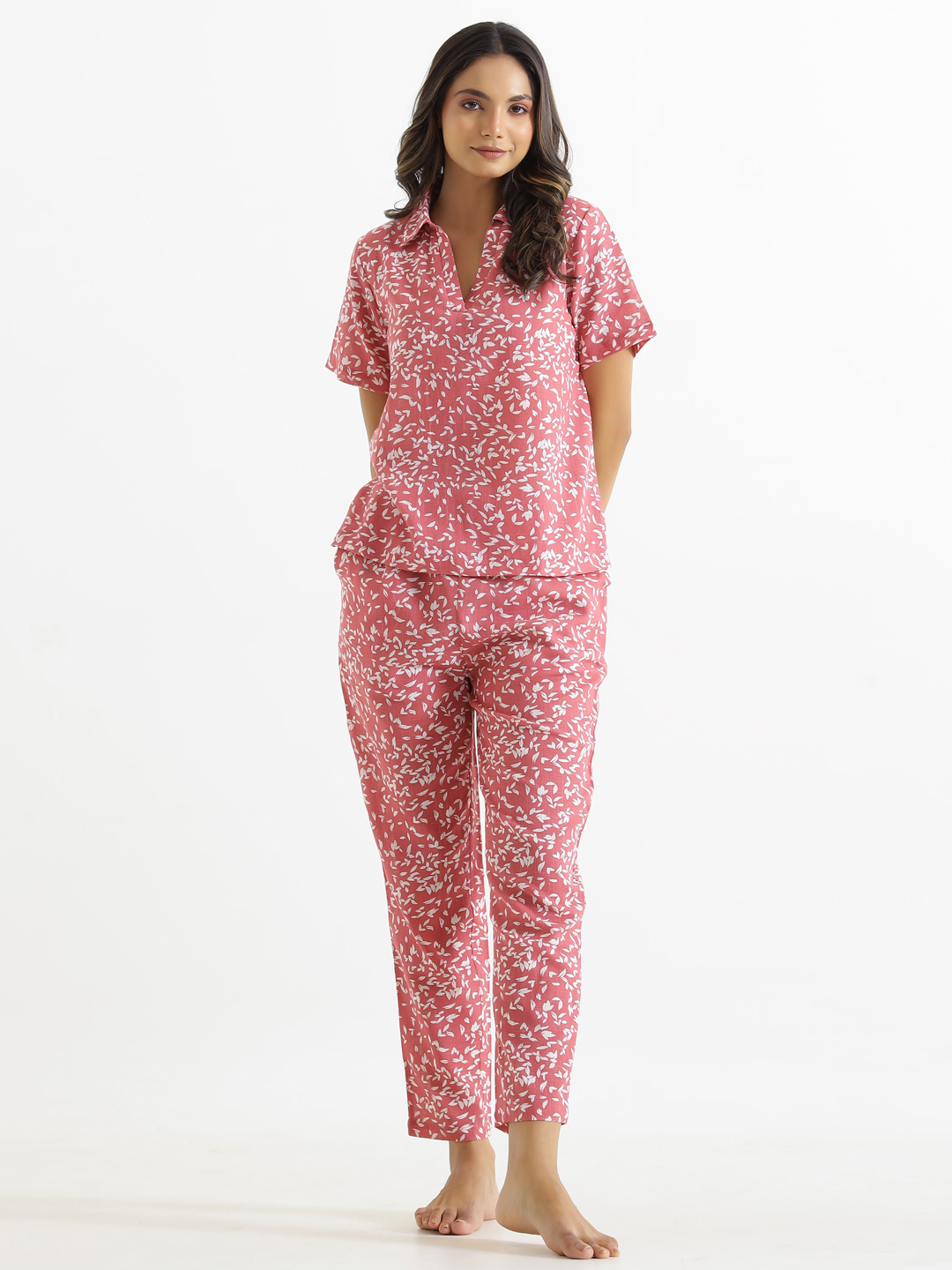 Pink Cotton Slub Night Suit set For Women