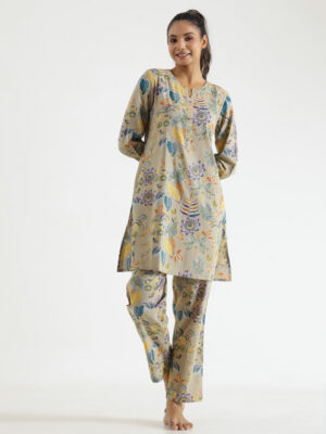 Beige Botanical Print Round Neck Cotton Night Suit Set For Women