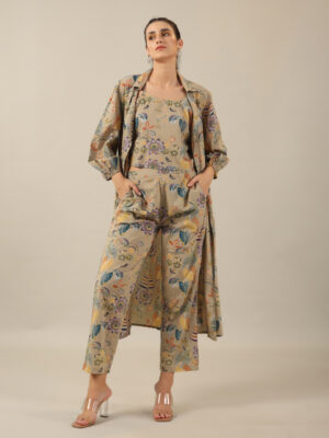 Beige Floral Print Three Piece Pure Cotton Night Suit Set for Women