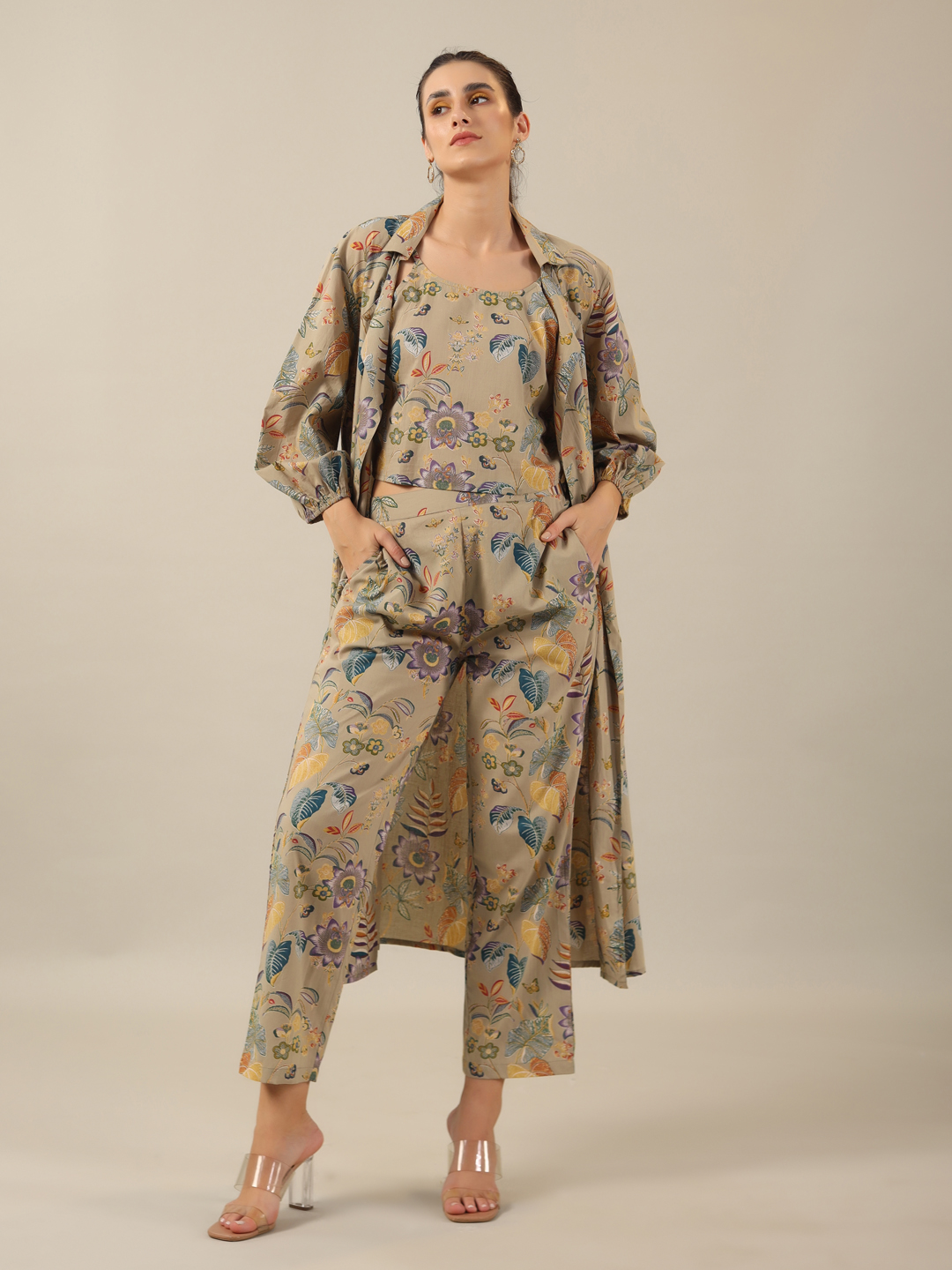 Beige Floral Print Three Piece Pure Cotton Night Suit Set for Women