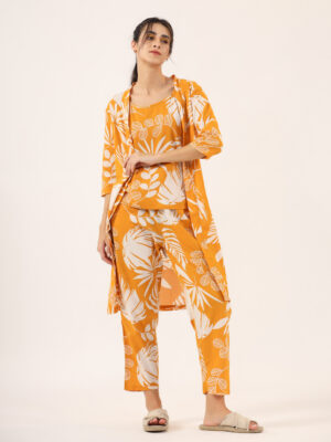 Mustard Round Neck Floral Pure Cotton Night Suit For Women