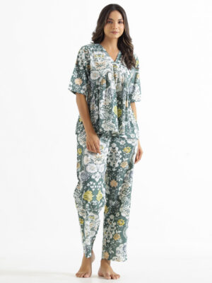 Green V-Neck Floral Pure Cotton Night Suit For Women