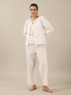 White Round Neck Floral Pure Cotton Night Suit For Women