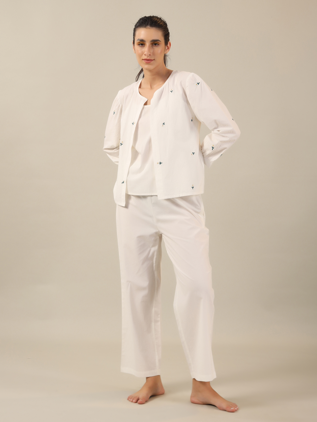 White Round Neck Floral Pure Cotton Night Suit For Women