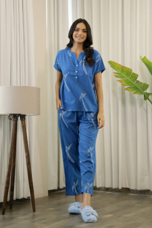 Blue and White Conversational Eagle Print Night Suit Set For Women