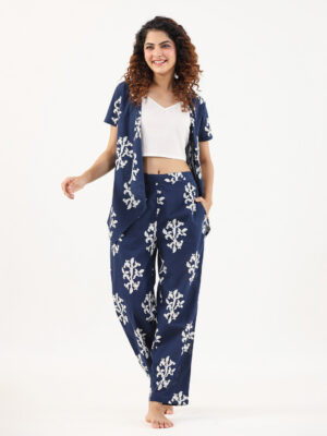 Navy Blue Shirt Collar Abstract Pure Cotton Night Suit For Women