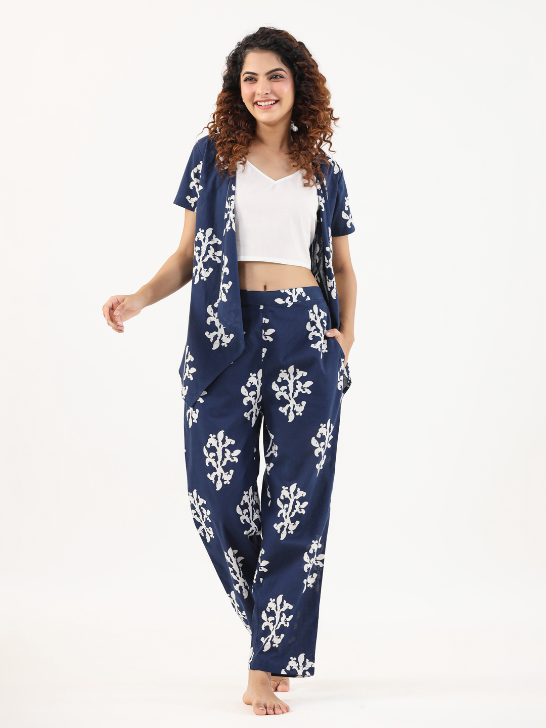 Navy Blue Shirt Collar Abstract Pure Cotton Night Suit For Women