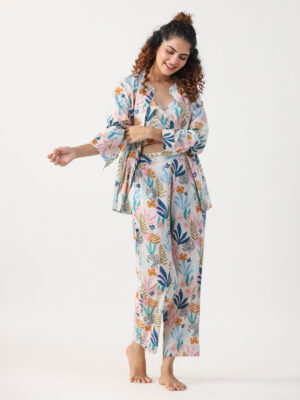 Multi Mandarin Collar Conversational Pure Cotton Night Suit For Women