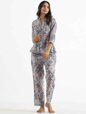 Grey Mandarin Collar Abstract Pure Cotton Night Suit For Women