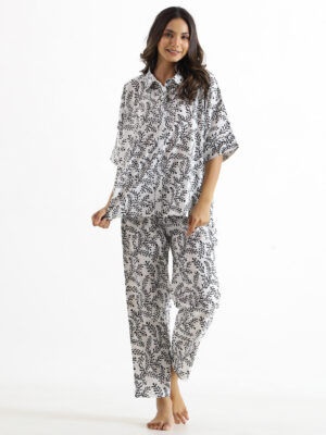 White Shirt Collar Floral Pure Cotton Night Suit For Women
