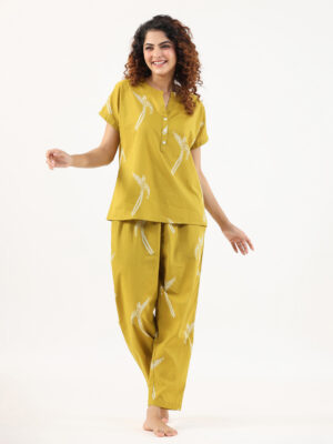 Mustard  and White Conversational Eagle Print Night Suit For Women