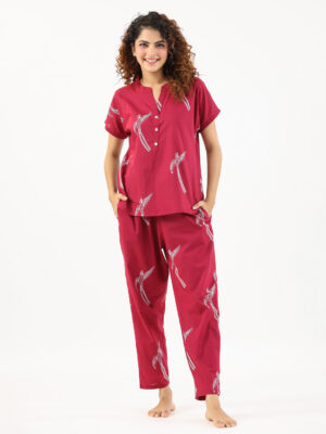 Wine Conversational Eagle Print Night Suit For Women