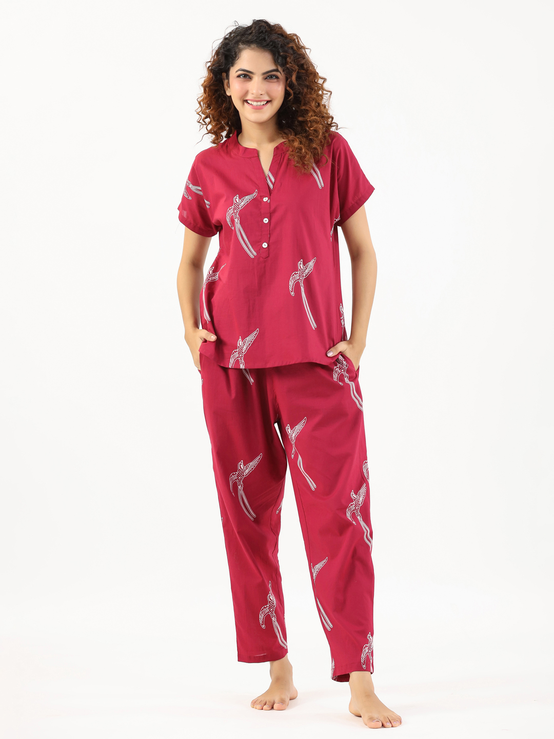 Wine Conversational Eagle Print Night Suit For Women