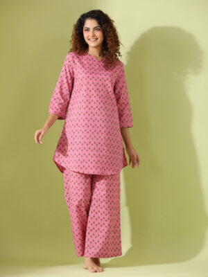 Grey V-Neck Solid Print Cotton Co-Ord Set For Women