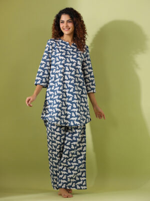 Navy Blue V-Neck Animal Pure Cotton Night Suit For Women