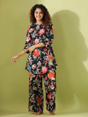 Black V-Neck Floral Pure Cotton Night Suit For Women