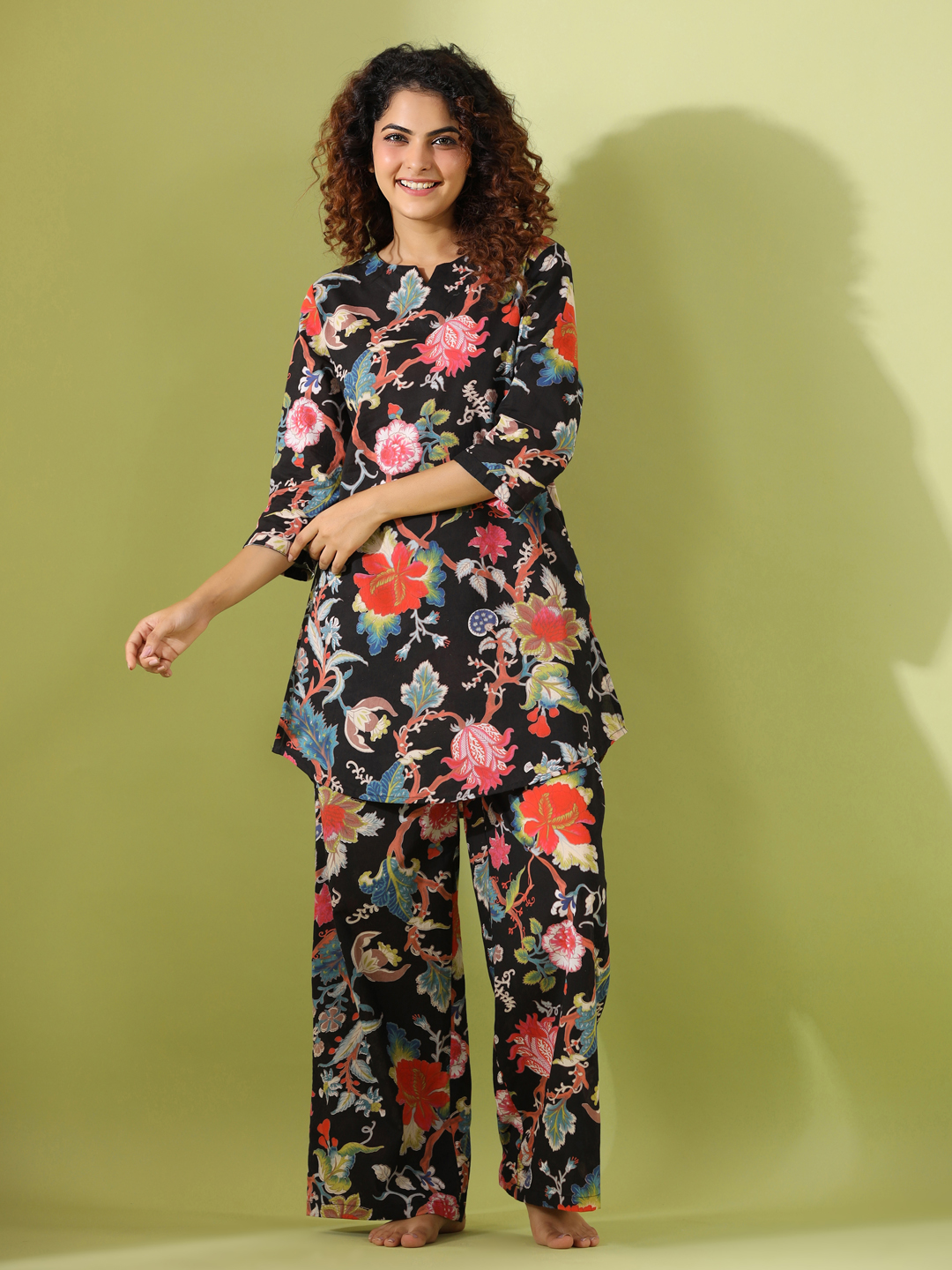 Black V-Neck Floral Pure Cotton Night Suit For Women