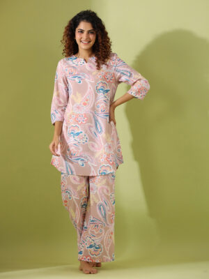 Beige V-Neck Floral Pure Cotton Night Suit For Women