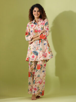 Peach Shirt Collar Conversational Pure Cotton Night Suit For Women