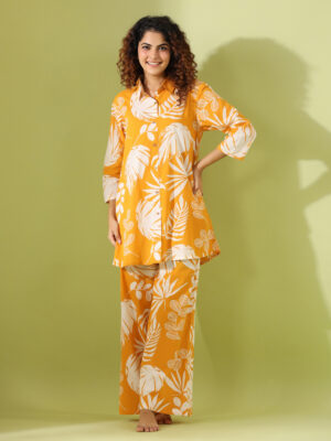Yellow Shirt Collar Tropical Pure Cotton Night Suit For Women
