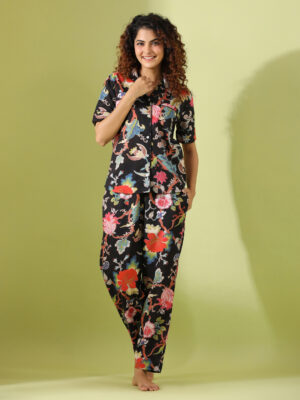 Black Shirt Collar Floral Pure Cotton Night Suit For Women