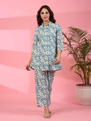 Teal Shirt Collar Floral Pure Cotton Night Suit For Women