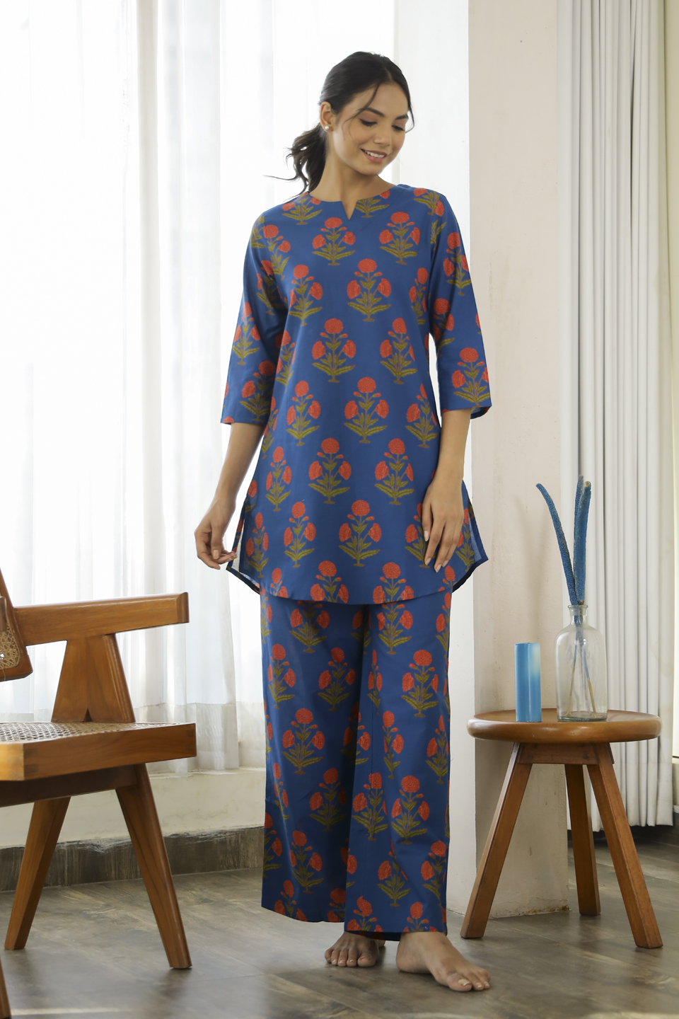 Blue Round Neck Floral Pure Cotton Night Suit For Women