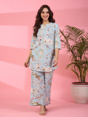 Brown Abstract Print Shirt Collar Pure Cotton Night Suit