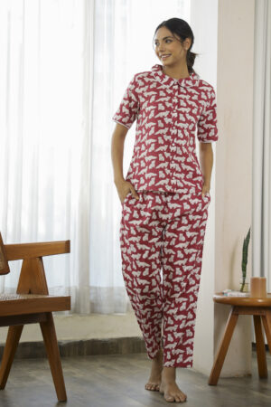 Magenta Round Neck Animal Pure Cotton Night Suit For Women