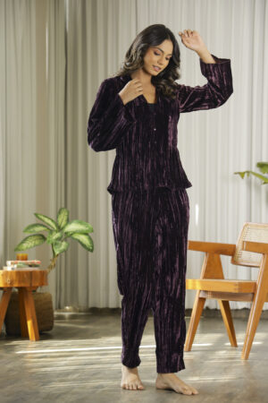 Purple Shirt Collar Solid Polyester Night Suit For Women