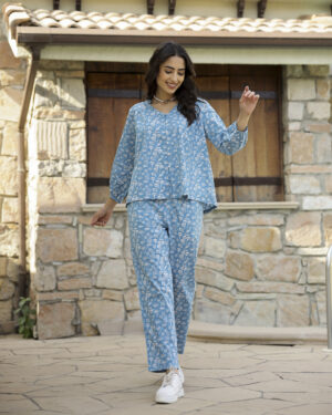 Blue V-Neck Geometric Pure Cotton Night Suit For Women