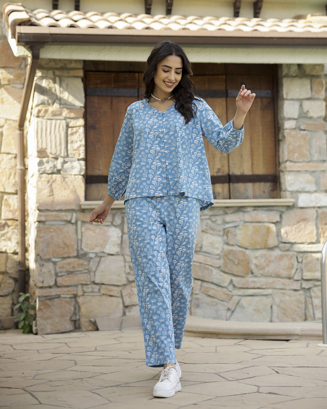 Blue V-Neck Geometric Pure Cotton Night Suit For Women