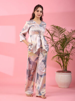 Grey V-Neck Floral Polyester Night Suit For Women