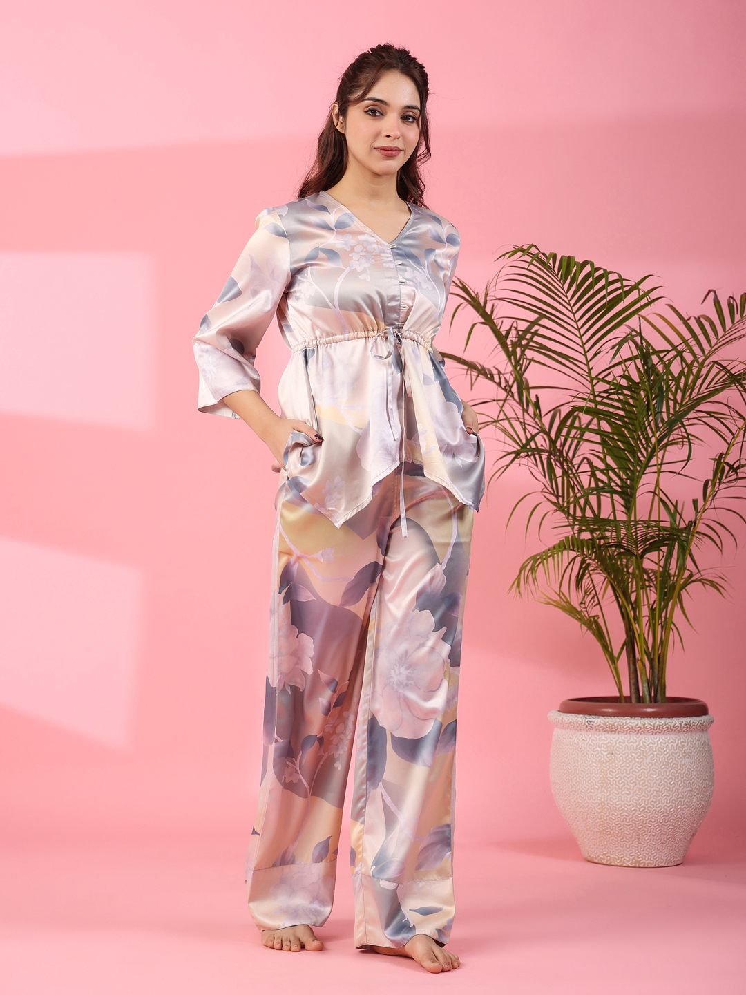 Grey V-Neck Floral Polyester Night Suit For Women
