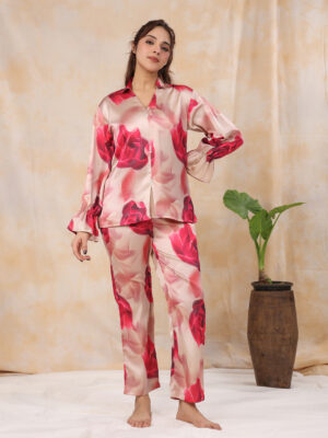 Rose Gold V-Neck Floral Satin Night Suit For Women