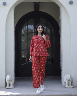 Red Round Neck Floral print Cotton Night Suit Set