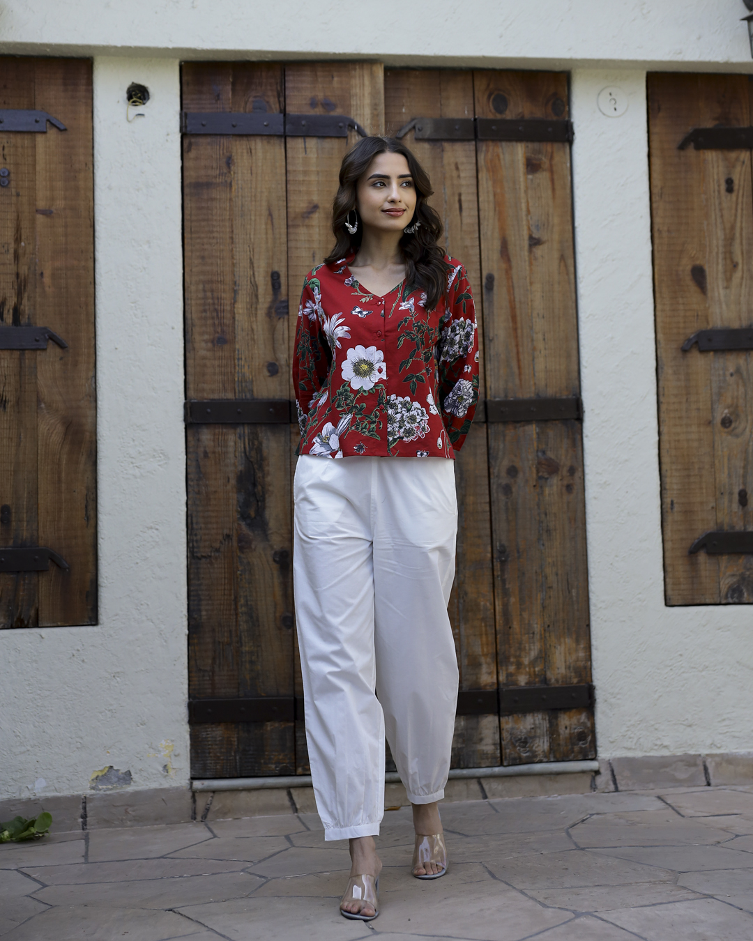 Maroon V-Neck Floral Print Cotton Night Suit For Women