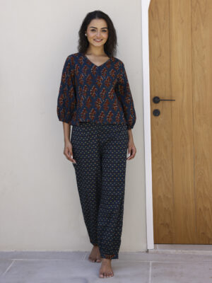 Teal V-Neck Floral Pure Cotton Night Suit For Women
