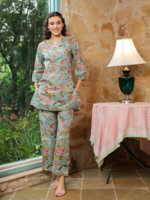 Mandarin Collar Floral Pure Cotton Night Suit For Women