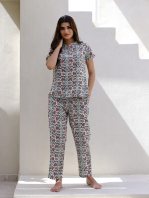 White Floral Print Round Neck Pure Cotton Night Suit For Women