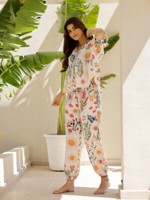Off White V-Neck Floral Pure Cotton Night Suit For Women
