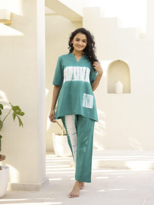 Green V-Neck Slip-On Pyjamas Night Suit For Women