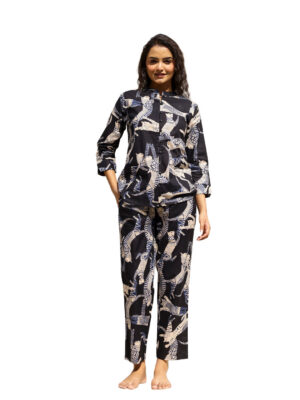 Black Mandarin Collar Animal Pure Cotton Night Suit For Women