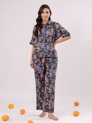 Navy Blue Shirt Collar Floral Pure Cotton Night Suit For Women